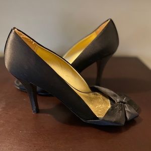 J. Crew D'Orsay Black Satin bow heels 8.5